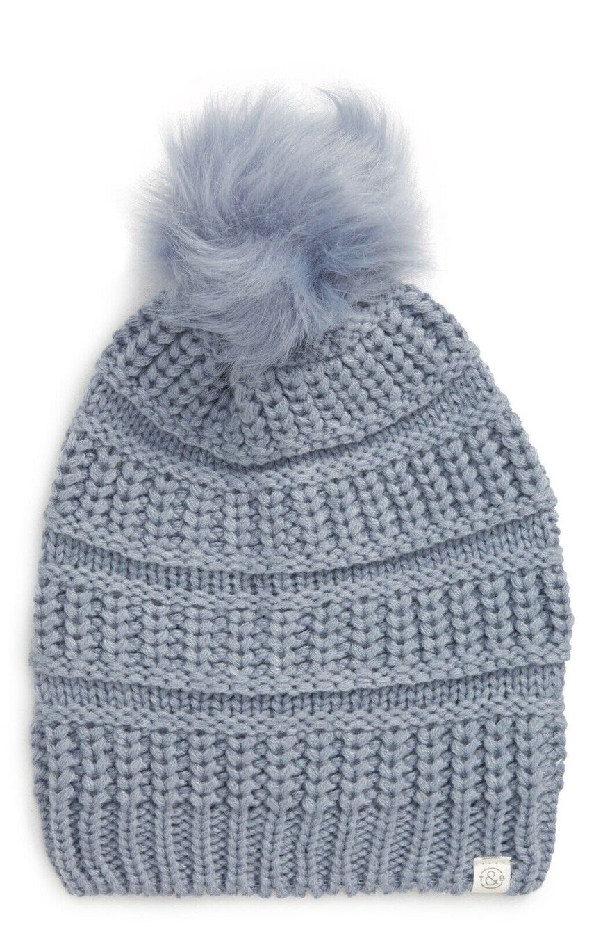 Treasure & Bond Women's Faux Fur Pom Beanie | Blue Cerulean | One Size NWT